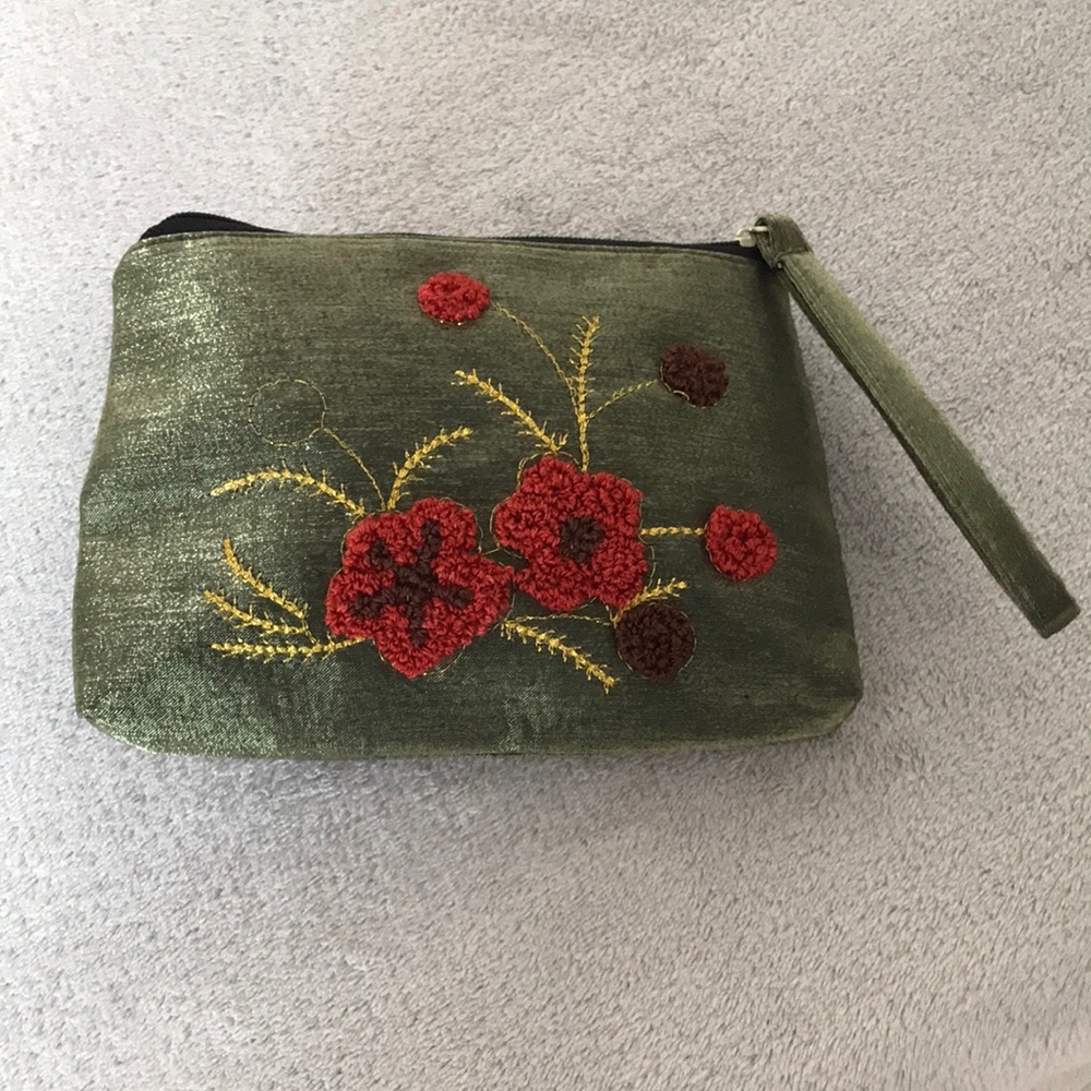 Small Zippered Bag with Crewel Embroidery